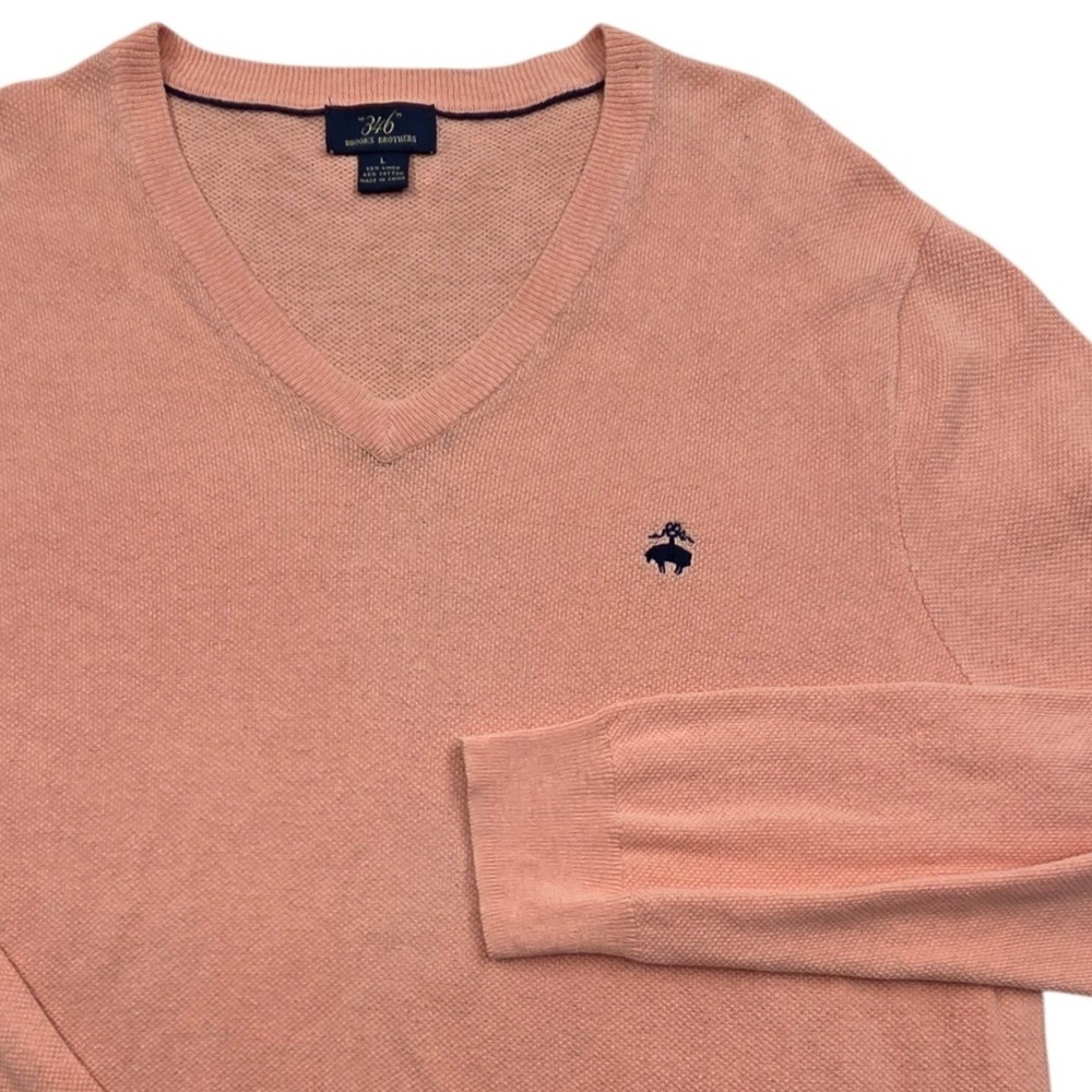 Brooks Brothers 346 Mens Large Peach Linen Blend V-Neck Knit Sweater Logo